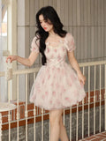 Sweet Fairy Bodycon Dresses for Women Elegant Party Print French Female Korean Fashion Cute Mini Dress Summer 2023
