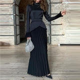 Autumn New Solid Fashion Splicing Design Round Collared 100-Folded Dress