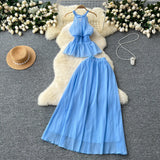 Style Suit Women's Summer French Waistless Sleeveless Hanging Neck Top High Waist Thin Half Skirt
