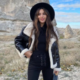 Toloer 2023 New Fashion Suede Teddy Brown Woman Jacket Vintage Patchwork PU With Zipper Winter Coat Women Female Outwear Tops 102-1-Outfit