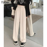 Korean Autumn Elastic Waist Suit Wide Leg Trousers Women's High Waist Pants Black Khaki Apricot Loose Female Pants