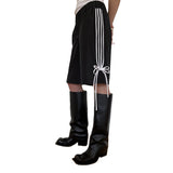 Women's Y2K Aesthetic Striped Print Knee Length Shorts Elastic Waist Side Bow Knot Tied Details Straight Short Pants-Outfit