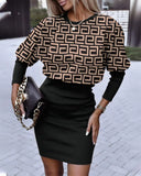 Independent Station Autumn New Fashion Printed Waist Round Collar Long-Sleeved Dress-Outfit