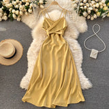 Women Korean Strap Dress Sexy V Neck Sleeveless Elegant Solid Party Dress Summer Off Shoulder A-line Beach Midi