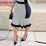 Women Elegant Chic Polka Dot Patchwork Round Neck Wrist Mermaid Bodycon Midi Working Dress-Outfit