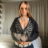 2022 Y2K Rhinestone Hoodies Women Skeleton Gothic Black Zip Up Oversized Sweatshirt Punk Skull Harajuku Hooded Jacket