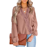 Blouses For Women Fashion Lace Patchwork V Neck Long Sleeve Office Work Shirts Tops Lady Oversized Casual Chiffon