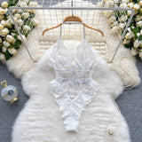 Female Sexy Lace Bodysuits Summer Sleeveless Halter Transparent Slim Rompers LadiesFrance Style Backless