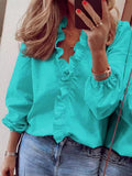 Spring And Summer New Solid Color Long-Sleeved Lotus Leaf-Side Shirt Women's