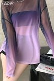 T Shirt Women Sexy Hollow Out Thin Gradient Oversized Tops Fashion See Throught Summer Tshirts Backless Y2k