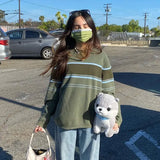 Korean Fashion Striped Casual Oversized Sweater Y2K Green Knitted Jumper Knitwear Long Sleeve Pullover Top