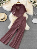 Vintage Women Three Pieces Set Elegant V-Neck Short Blouse + Strap Camis + Wide Leg Pants Suit Green/Red/Yellow Spring Fall