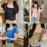 Version Of Knitted Short-Sleeved T-Shirt Women's New Summer Slim Thin Solid Color Full-Length Short-Style Blouse Ins-Outfit