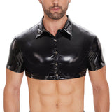 Toloer Men's PVC Bright Leather Jacket Sexy Slim Short Sleeve Half Leather Shirt Size Accurate-Outfit