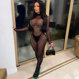 Summer Sexy Black Patchwork Bodycon Jumpsuit Women Long Sleeve Mesh One Piece Outfits Rompers See Though Jumpsuits