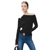 Women's Autumn New Fashion Sexy Solid Long-Sleeved Shoulder Double-Breasted T-Shirt