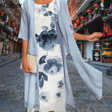 Pc/Set Vintage Flower Ink Painting Women Dress with Cardigan Dress Floral Print Bohemian Spring Summer Chiffon for Office