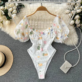 Women Lace Floral Print Bodysuits Short Sleeves Transparent Inside wear Rompers Ladies Backless Beach Sexy