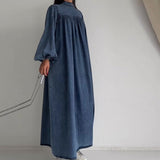 Round-Neck Solid-Colored Casual Long-Sleeved Denim Dress In Fall
