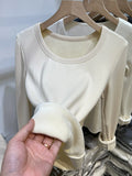 Plush Underwear With White Bottomed T-Shirt With Low Round Neck And Long Sleeves In Autumn And Winter Integrated Velvet Warm Blouse-Outfit