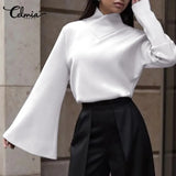 Tops and Blouses 2022 Celmia New Elegant Long Flare Sleeve Party Tunic Shirts Casual Loose High Collar Solid Office