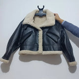 Toloer 2023 New Fashion Suede Teddy Brown Woman Jacket Vintage Patchwork PU With Zipper Winter Coat Women Female Outwear Tops 102-1-Outfit