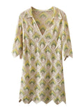 BOHO Geometric Rhombus Plaid Hand Crochet Half Flare Sleeve Dress Vintage Women Lapel Irregular Hem Mini Robe Holiday-Outfit