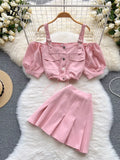 Strap Women Set Drawstring Summer 2022 Fashion Single Breasted Backless Tops+ Mini Skirt Korean Style Two Piece