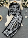 Winter Knitted Print Sets Women O Neck Long Sleeve Knitwear+Wide Leg Long Pants Fashion Retro Sweater Two Pieces