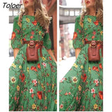 Spring Elegant Floral Print Maxi Dress Women Casual 3/4 Sleeves O-neck Slim Boho Party Long Dresses Robe Femme