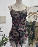À±bab Net Yarn Print Small Sling Vest Tidly Tidly Ribbon Ribbon Leaves Edge Sleeveless Top