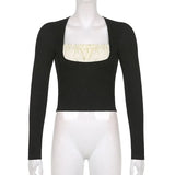 Autumn 2021 Black Woman Tshirts Contrast Patchwork Shirring Square Collar Elegant Fashion Long Sleeve Basic Top