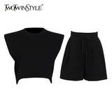 Casual Two Piece Set For Women O Neck Sleeveless Tops High Waist Short Pants Solid Sets Female Summer 2021
