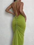 Women Halter Tie-up Backless Long Dress Slim Fit Solid Ruched Summer Party Dress Sleeveless Off Shoulder Vestido 2023-Outfit