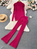 Solid Winter Slim Sweater Sets Female Stand Collar Long Pullover+Casual Wide Leg Pants Fashion Knit Two Pieces