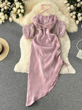 Lace Splice Women Summer Dress 2022 Zipper Irregular Separate Sleeves Halter Ruffled Drawstring Ladies A Line