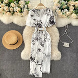 Casual Women Lace Patchwork Printed Bodycon Dress Ladies Office Elegant V-Neck Short Sleeve High Waist Vestidos With Sashes