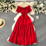 Dress Women's Dress Temperament Gentle Wind The Word Shoulder Bubble Sleeves Waist Shows Thin Fairy Dress Sweet Holiday Dress-Outfit