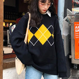 Knitted Sweater Women's Oversized Pullovers Korean Style Loose Jumper Ladies Autumn Long Sleeve Chic Argyle