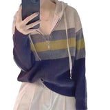 2024 New Color Striped Double Zipper Hat Knitted Cardigan Women's Loose Thin Sweater Jacket-Outfit