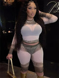 Summer Sexy 2 Two Piece Set Outfits Women Long Sleeve Bodycon Crop Top Skinny Shorts Print Mesh Brown Matching Sets