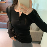 U-Collar Half-Breasted Thread Bottomed Shirt Women's Spring And Autumn New Shoulder Long-Sleeved T-Shirt With Solid Color Underwear-Outfit