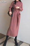 Loose Thick Winter 2023 Turtleneck Knitting Sweater Midi Dress for Women Long Sleeve Lace Maxi Dresses Oversize