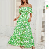 Hot Selling A Word-Collar Print Lotus Leaf Side Temperament Dress Dress