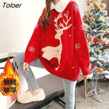 Thickened Christmas Red Sweater Women's Loose 2022 New Autumn And Winter Reindeer Snowflake Spliced Warm Collar Lovely