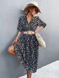 Vintage V-neck Half Sleeves Dot Print Midi Loose Holiday