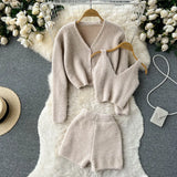 Fashion Solid Women Knit Suits Single Breasted V Neck Cardigan+Mini Camis+Slim Short Pants Sweater Three Piece