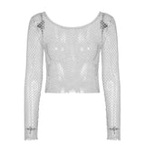 Hollow Out See Through Sexy Slash Neck Fishnet Mesh T-Shirts Women Cute Club Outfits Off Shoulder Long Sleeve Crop