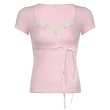 Girl Lace Bow Solid Color Short-Sleeved T-Shirt Style Stylish Casual Shirt New Style In Summer-Outfit