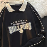 POLO Collar Letters Print Oversized Sweatshirt Women for Teen Girls Harajuku New Spring Korean Kawaii Clothes